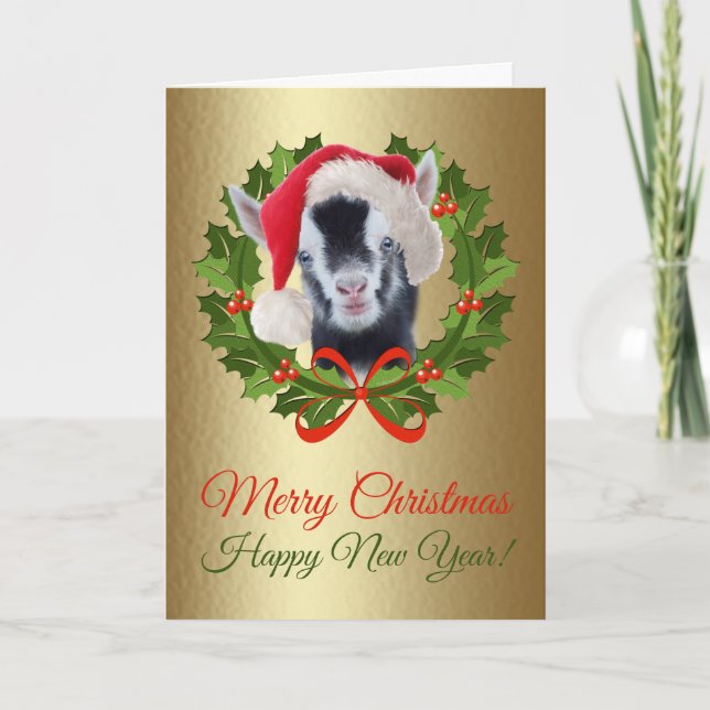Merry Christmas Newborn Nigerian Goat Kid Painting Holiday Card (Front)