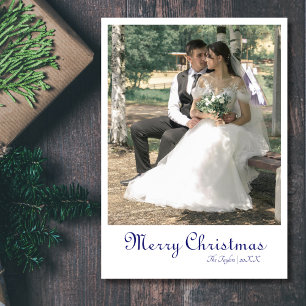 Merry Christmas Newlywed Photo Midnight Blue Holiday Card