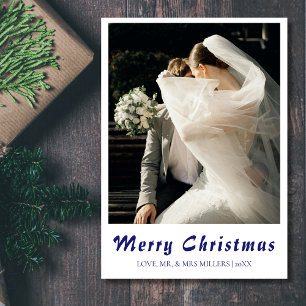 Merry Christmas Newlywed Photo Midnight Blue Holiday Card