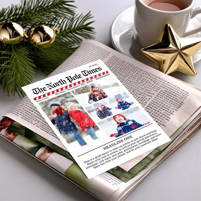 Merry Christmas Newspaper Five Photo Collage Holiday Card (With a newspaper newsletter format. )