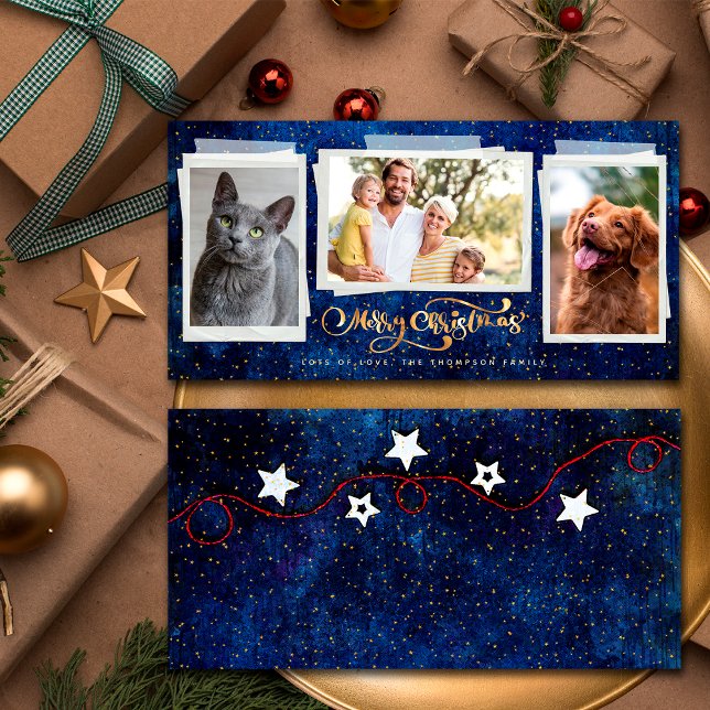 Merry Christmas Night Gold Stars 3 Photo Collage Holiday Card (Front / Back)