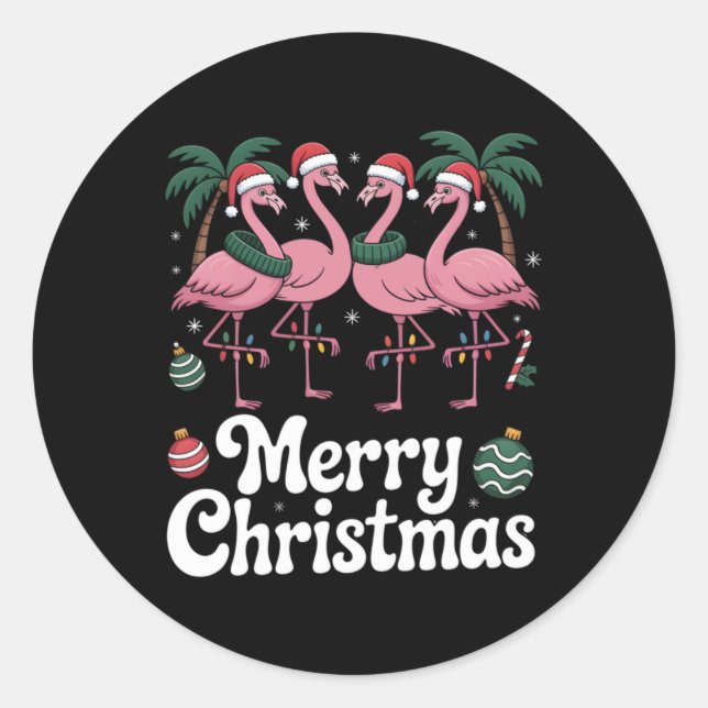 Merry Christmas Nk Flamingo Santa Hat Xmas Light T Classic Round Sticker (Front)