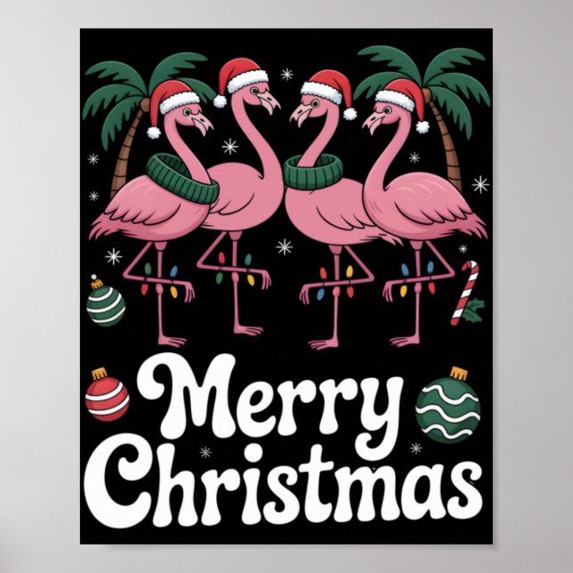 Merry Christmas Nk Flamingo Santa Hat Xmas Light T Poster (Front)