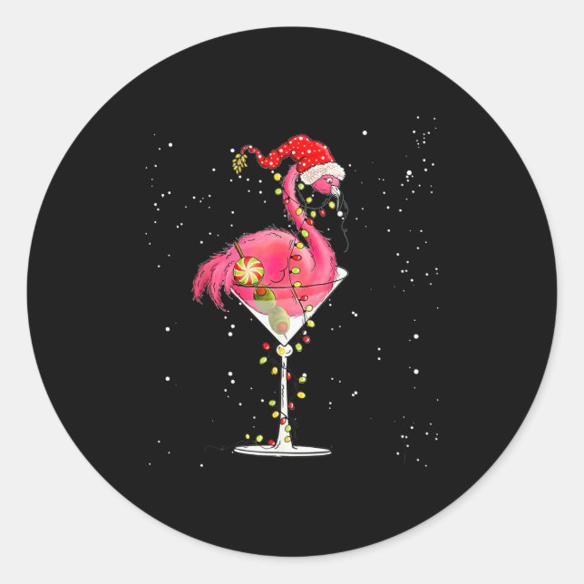 Merry Christmas Nk Flamingo Wine Drinking Lights X Classic Round Sticker (Front)