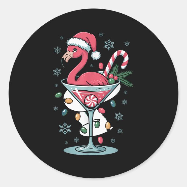 Merry Christmas Nk Flamingo Wine Drinking Lights X Classic Round Sticker (Front)