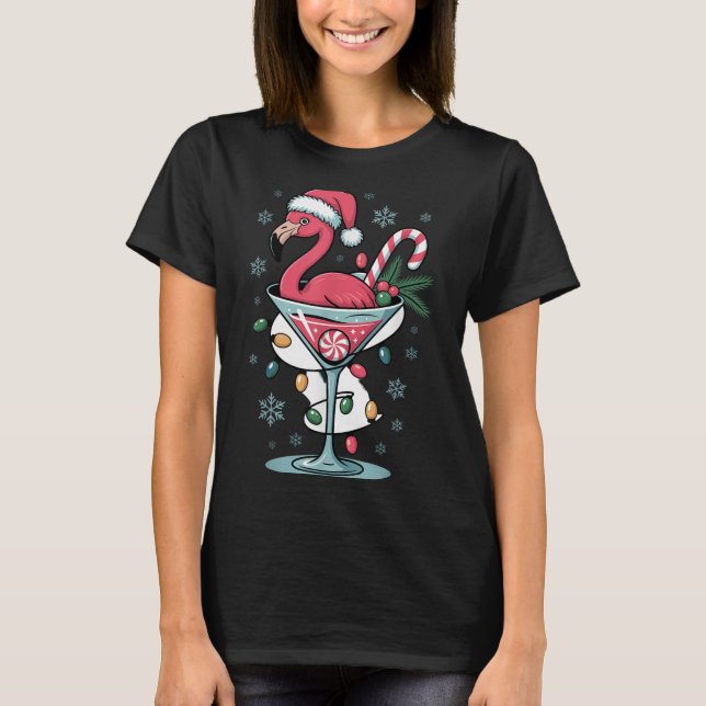 Merry Christmas Nk Flamingo Wine Drinking Lights X T-Shirt (Front)