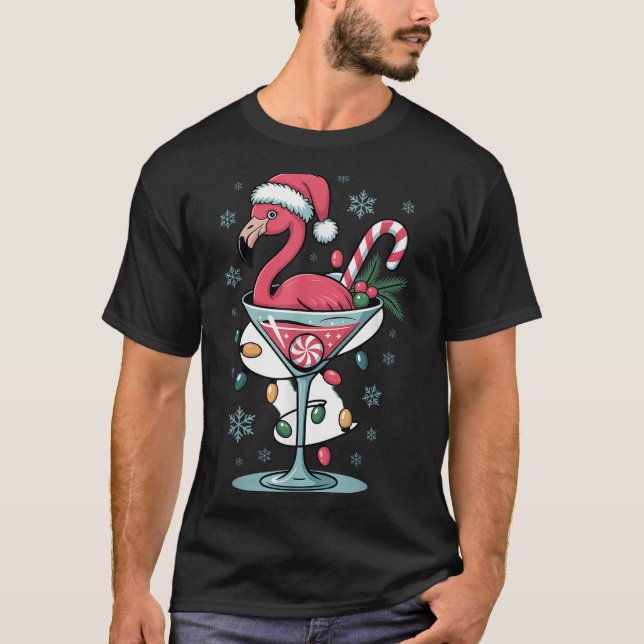 Merry Christmas Nk Flamingo Wine Drinking Lights X T-Shirt (Front)