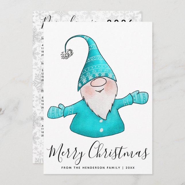 Merry Christmas Nordic Gnome Teal 2025 Calendar Holiday Card (Front/Back)