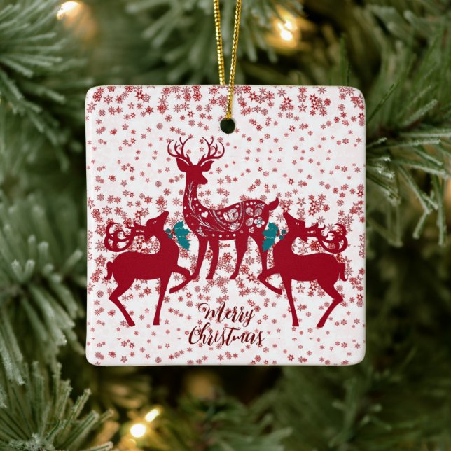 Merry Christmas Nordic Reindeer Snowflakes Scandia Ceramic Ornament (Tree)