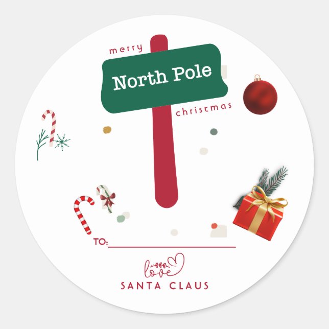 Merry Christmas North Pole Santa Claus  Classic Round Sticker (Front)