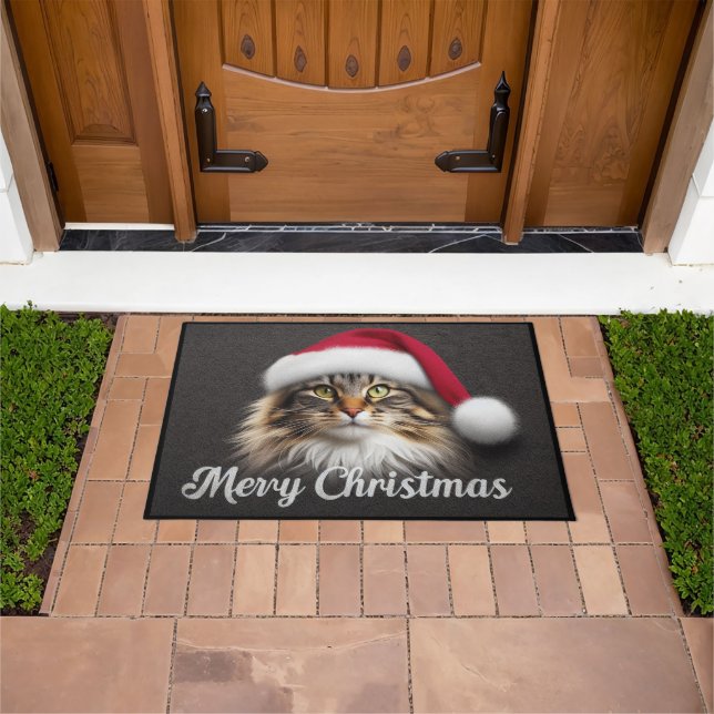 Merry Christmas Norwegian Forest Cat, Santa Kitty Doormat (Outdoor)