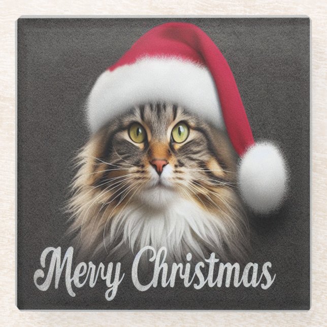 Merry Christmas Norwegian Forest Cat, Santa Kitty Glass Coaster (Front)