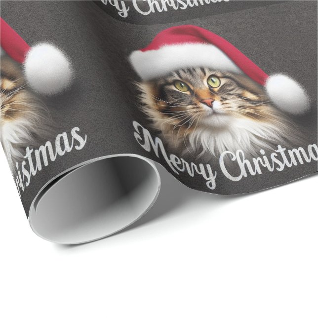 Merry Christmas Norwegian Forest Cat, Santa Kitty Wrapping Paper (Roll Corner)