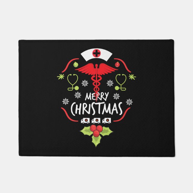 Merry Christmas Nurse Doctor Tees Ambulance ER Doormat (Front)