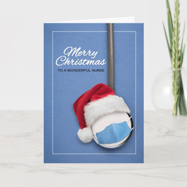 Merry Christmas Nurse Santa Hat and Face Mask Holiday Card (Front)