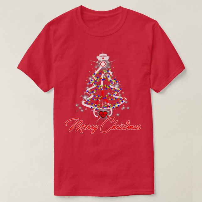 Merry Christmas Nurse Stethoscope Tree Lights Paja T-Shirt (Design Front)