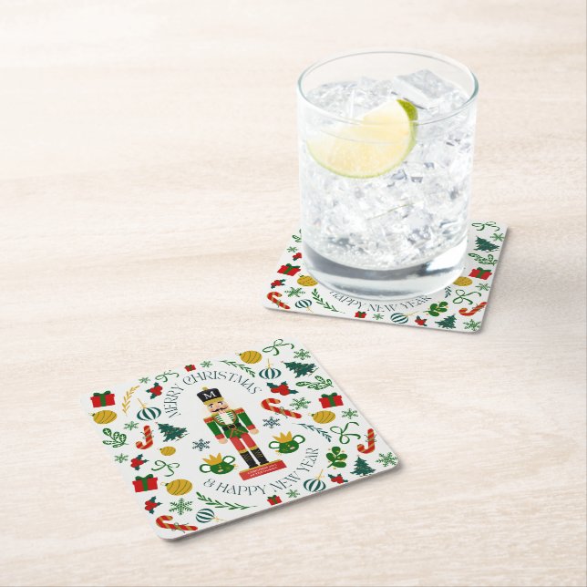 Merry Christmas nutcracker custom monogram Square Paper Coaster (Insitu)