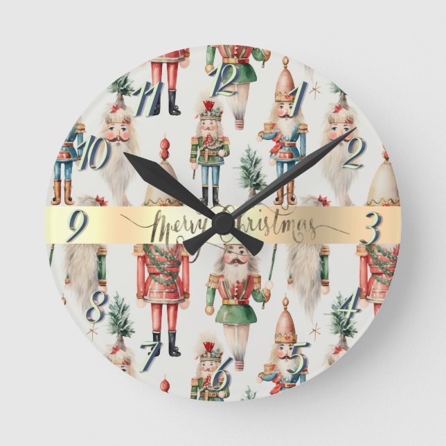 Merry Christmas Nutcracker Holiday Round Clock (Front)