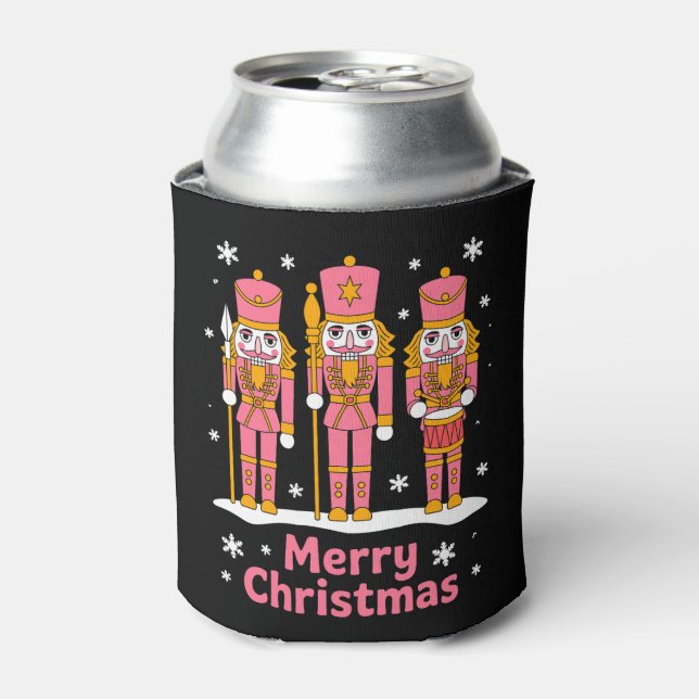 Merry Christmas Nutcracker Soldiers Snowflake Pink Can Cooler (Can Front)