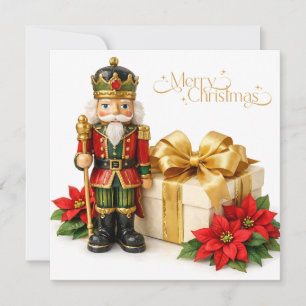 Merry Christmas Nutcracker with Poinsettia Holiday Card