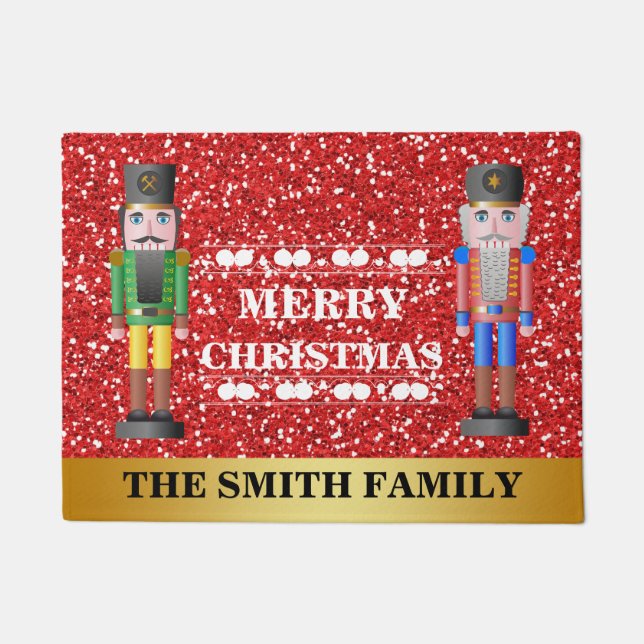 Merry Christmas Nutcrackers Red Gold Welcome Doormat (Front)