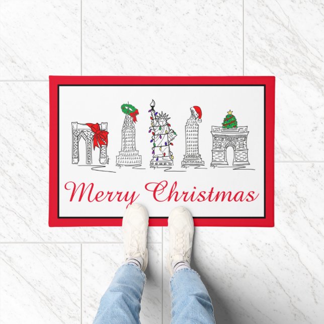 Merry Christmas NYC Buildings Landmarks Holiday Doormat (Indoor)