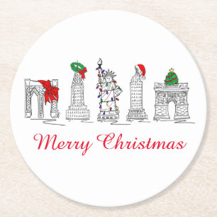 Merry Christmas NYC Buildings Landmarks Holiday Round Paper Coaster