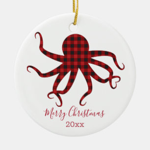 Merry Christmas Octopus Red Black Plaid Ceramic Tree Decoration