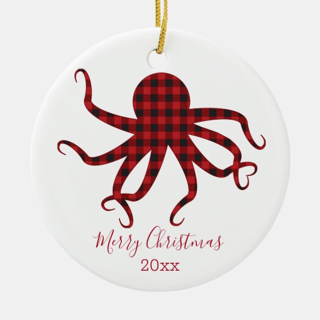 Merry Christmas Octopus Red Black Plaid Ceramic Tree Decoration (Front)