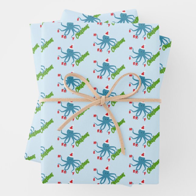 Merry Christmas Octopus Santa Hat Christmas Wrapping Paper Sheet (In situ)