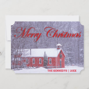 Merry Christmas - Old red schoolhouse in snowfall Holiday Card