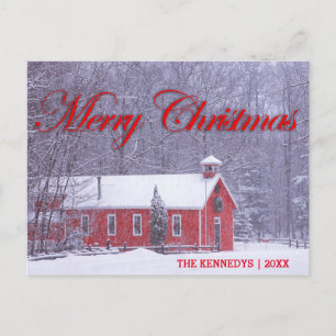 Merry Christmas - Old red schoolhouse in snowfall Holiday Postcard