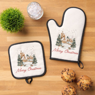 Merry Christmas Old Vintage Christmas Illustration Oven Mitt & Pot Holder Set