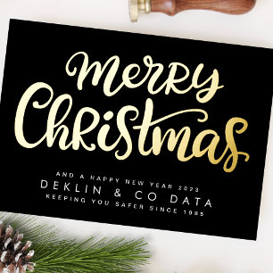 Merry Christmas on Black Premium   Gold Business Foil Holiday Card