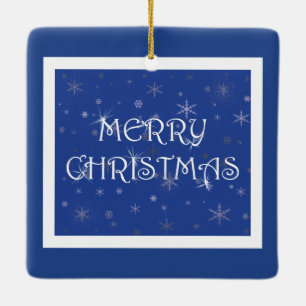 Merry Christmas on Blue with Snowflakes Ceramic Ornament