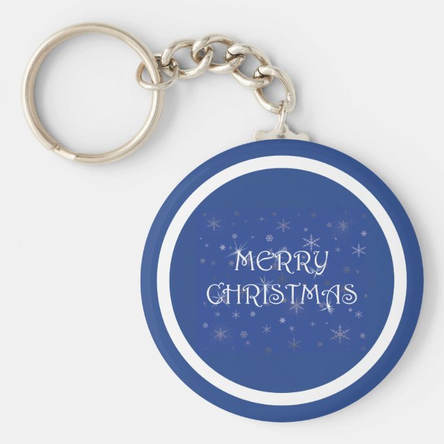 Merry Christmas on Blue with Snowflakes Key Ring (Front)
