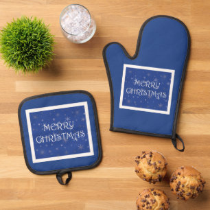 Merry Christmas on Blue with Snowflakes Oven Mitt & Pot Holder Set