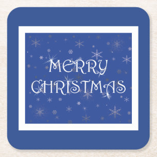 Merry Christmas on Blue with Snowflakes Square Paper Coaster