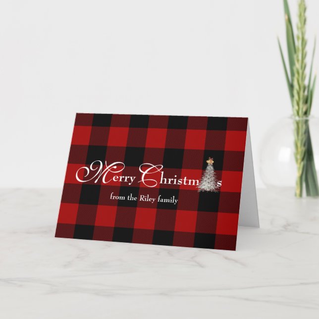 Merry Christmas on buffalo plaid with tree Card (Front)