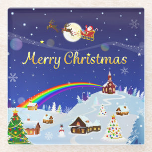 Merry Christmas on Full Moon Glass Coaster