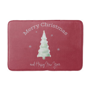 Merry Christmas on Red Paper Tree Snowflakes Bath Mat
