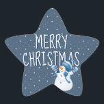 Merry Christmas On Stars and Snowman Star Sticker<br><div class="desc">Cute snowman and snowflake stars on a winter blue background.</div>