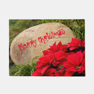 "Merry Christmas" on Stone & Red Poinsettia Doormat