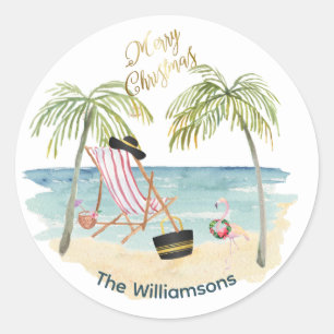 Merry Christmas on the Beach Family Name  Classic Round Sticker