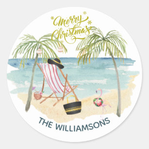 Merry Christmas on the Beach Family Name  Classic Round Sticker