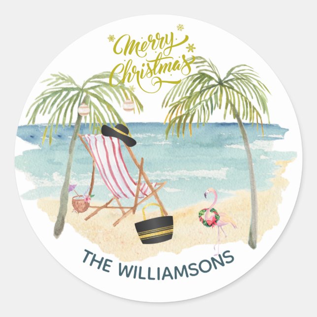 Merry Christmas on the Beach Family Name  Classic Round Sticker (Front)