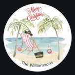 Merry Christmas on the Beach Family Name Classic Round Sticker<br><div class="desc">Doesn't this tell a great story -- it is still a Merry Christmas on the beach moment -- whether you are actually on the beach or might like to imagine that you are -- this artistic watercolor sticker will take you there. Enjoy and it would make a really fun and...</div>