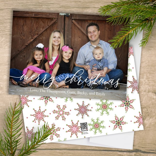 Merry Christmas One Photo Colourful Snowflakes Holiday Card (Merry Christmas calligraphy script whimsical cute colorful snowflake pattern photo card.)