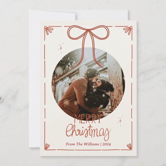 Merry Christmas One Photo Cute Red Ribbons  Holiday Card (Front)