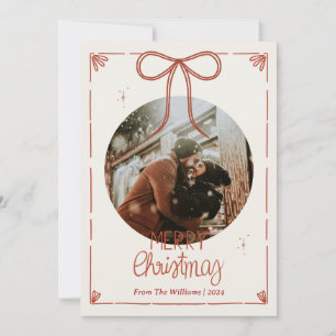 Merry Christmas One Photo Cute Red Ribbons  Holiday Card
